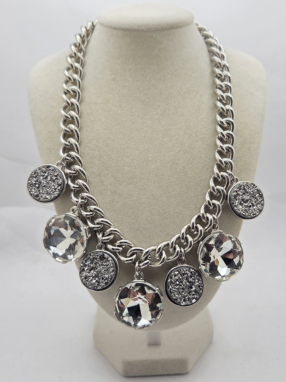 Chico's Silver Tone Chunky Chain Statement Necklace Faux Druzy Crystal 20"